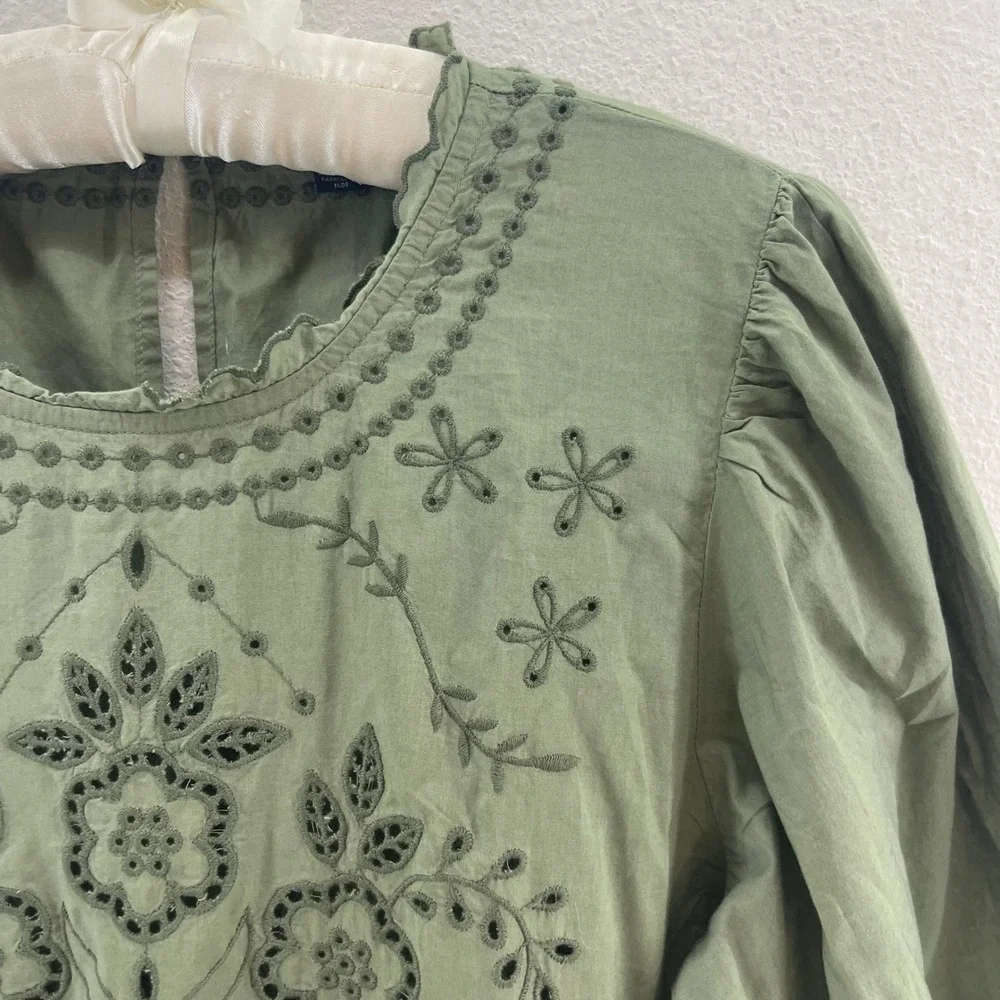 American Eagle Eyelet Embroidered Mini Dress Women M Green Cotton Ruffle Mori - Picture 3 of 15